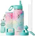 Coolflask Water Bottle Insulated with Straw & 3 Lids, 32 oz Water Jug Large Metal Stainless Steel Wide Mouth for Sports, Gym or Office, Non-BPA Keep Cold 48H Hot 24H, Pastel Sorbet
