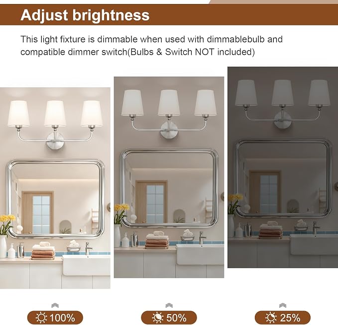 Bathroom Vanity Light, Brushed Nickel Bathroom Light Fixtures, 3-Light Lighting Fixtures Over Mirror, Modern Wall Sconce with Flared White Fabric Shade, E26 Socket(ETL Listed)