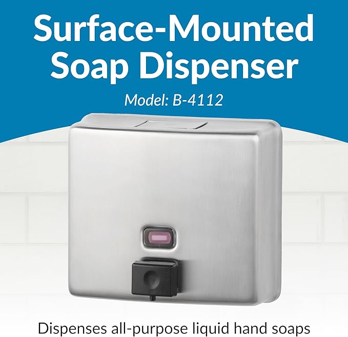 Bobrick Wall-Mounted Liquid Soap Dispenser, Satin-Finish Stainless Steel, 40 fl-oz Capacity, Vandal-Resistant Design with Refill Indicator Window, Top Fill Commercial Bathroom Accessory (Model B-4112)
