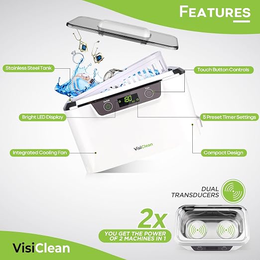 Ultrasonic Cleaner, Professional Ultrasonic Jewelry Cleaner for Diamond Ring, Silver, Gold, Earrings, Necklaces, Glasses, Denture, Retainer, Cpap, Coins, Mouthguard, Razors - VisiClean