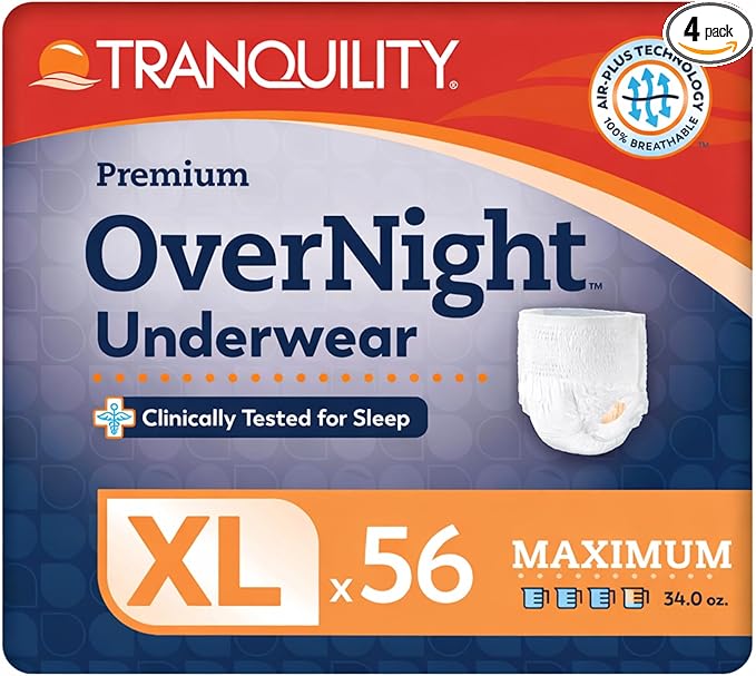 Tranquility Premium Overnight Disposable Absorbent Underwear (56 Count) - XL, 48-66 in. Waist - Maximum Absorbency, All-Night Sleep, Breathable Comfort, Adult Diapers