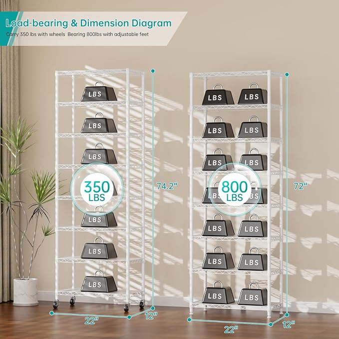 SINGAYE 8 Shelves Storage Wire Shelf Closet Metal Shelving Pantry Wheels | Shelf Bathroom Organizers Metal Kitchen Garage Shelving Unit Laundry Room Organization Home Rack Net Basket with Wheels
