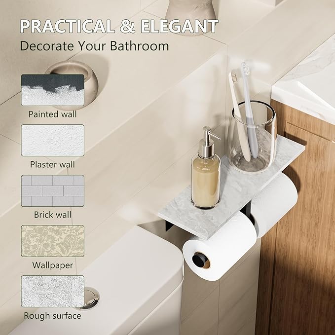 Marble Toilet Paper Holder with Shelf,Doulble Bathroom Tissue Roll Holder,304 Stainless Steel Toilet Paper Holder Wall Mounted,Modern Tissue Holder for Bathroom Washroom,Matte Black