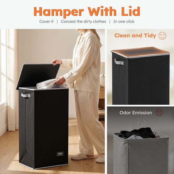 SOLEDI Laundry Hamper Black with Lid and Removable Bag - 100L Large and Tall Laundry Basket Collapsible with Handle for Clothing and Toys Storage - Dirty Clothes Hamper for Bedroom, bathroom, dorm