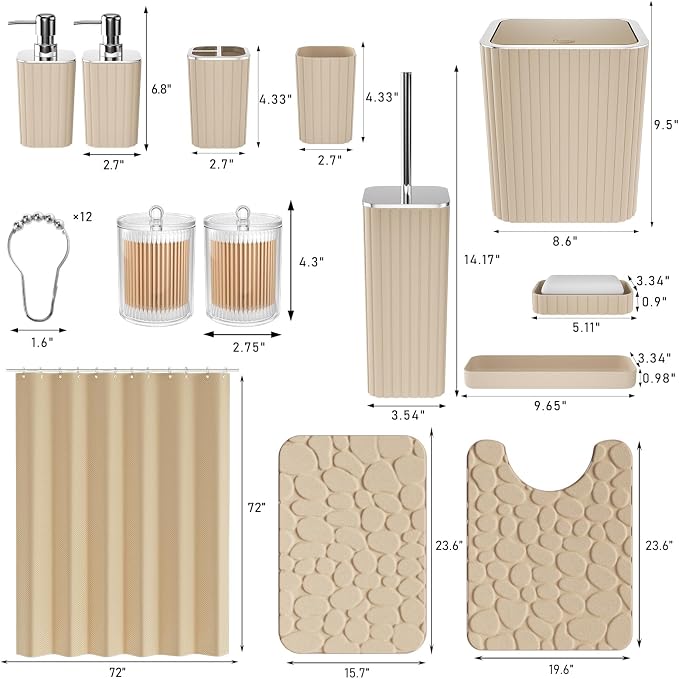 XLHOMO Bathroom Accessories Set - 25PC Bathroom Sets with Shower Curtain and Rugs, Beige Bathroom Set with Trash Can, Soap Dispenser, Soap Dish & Toilet Brush
