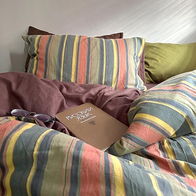mixinni Vintage Striped Duvet Cover Set Twin XL Size - 3 Piece 100% Washed Cotton Bedding Set, Soft & Breathable,Colorful Striped Pattern Printed Comforter Cover for All Seasons