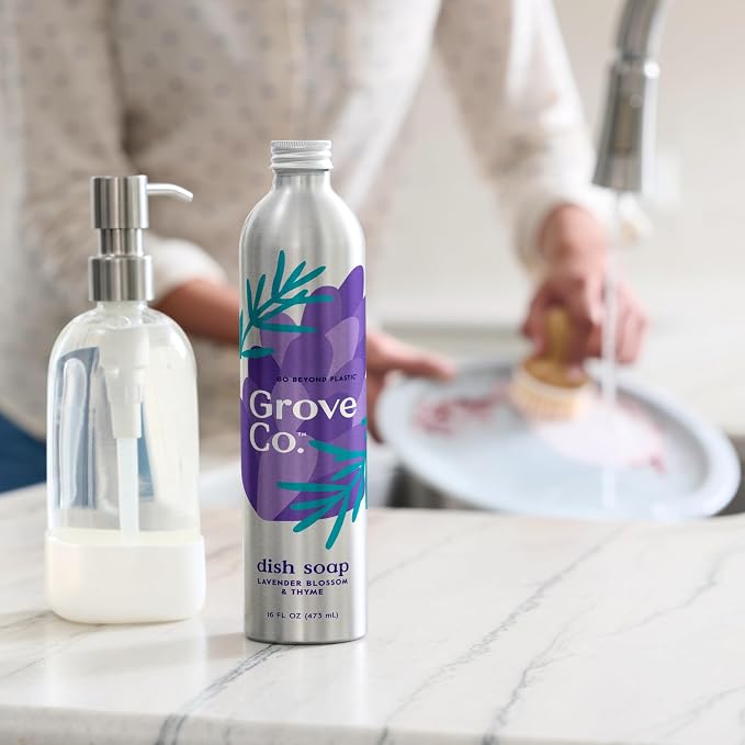 Grove Co. Dish Soap, 3 x 16 fl oz Refills, Lavender Blossom & Thyme | Plastic-Free; Refill format; Natural Fragrance; Removes Stuck on Food; 98% plant-based ingredients