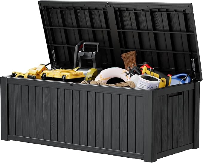 Outdoor Storage Box, 230 Gallon Large Outdoor Resin Deck Box, Storage Waterproof Boxes Lockable Lid for Garden Tools, Pool Supplies, Patio Furniture and Cushions, Black