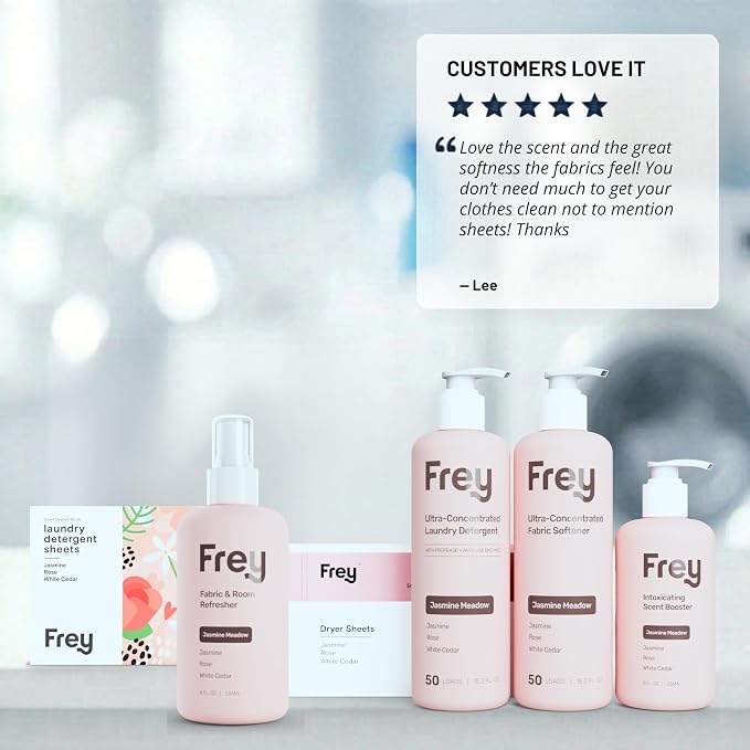 Frey Complete Laundry Package | Jasmine Meadow Scent | Detergent, Fabric Softener & Dryer Sheets | Nature’s Luxury