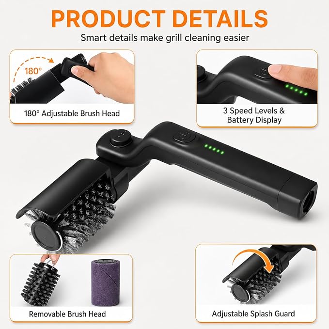 Electric Grill Brush for Outdoor Grill, BBQ Grill Cleaner with 2 Brush Heads, 3-Speed Cordless Rotary Brush, Adjustable Angle, 150-Min Runtime, Grill Cleaning Tool for Barbecue Grates
