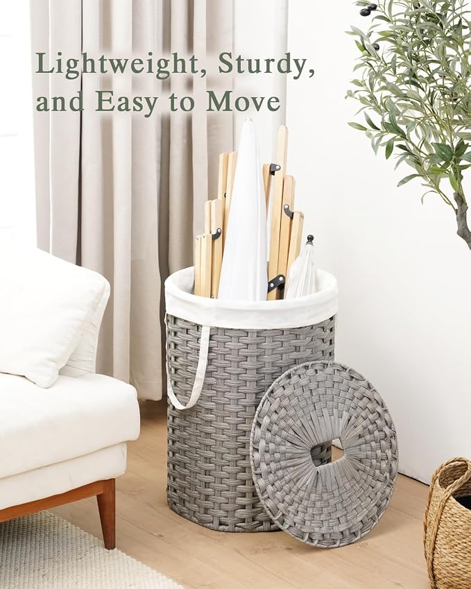 SETVSON Laundry Basket with Lid 23.8 Gal Round Laundry Hamper Grey | The lid hides dirty clothes, keeping spaces neat and fresh. 90 L Large Capacity, Stylish Design with Handles Easy Transport