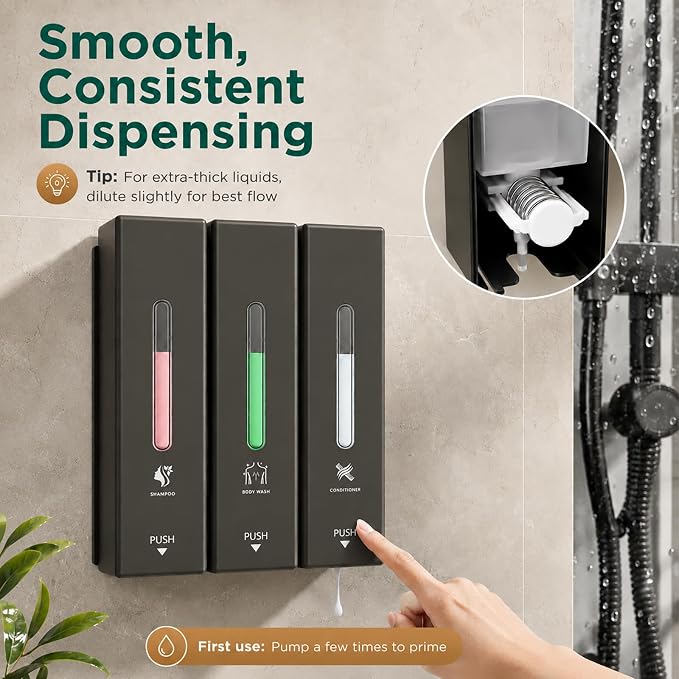 Shampoo and Conditioner Dispenser Wall Mounted, 3-Chamber Shower Soap Dispenser for Bathroom, 1200ML Large Capacity, No-Drill Installation, Clog-Free Pump for Thick Liquids (grey-3-pack)