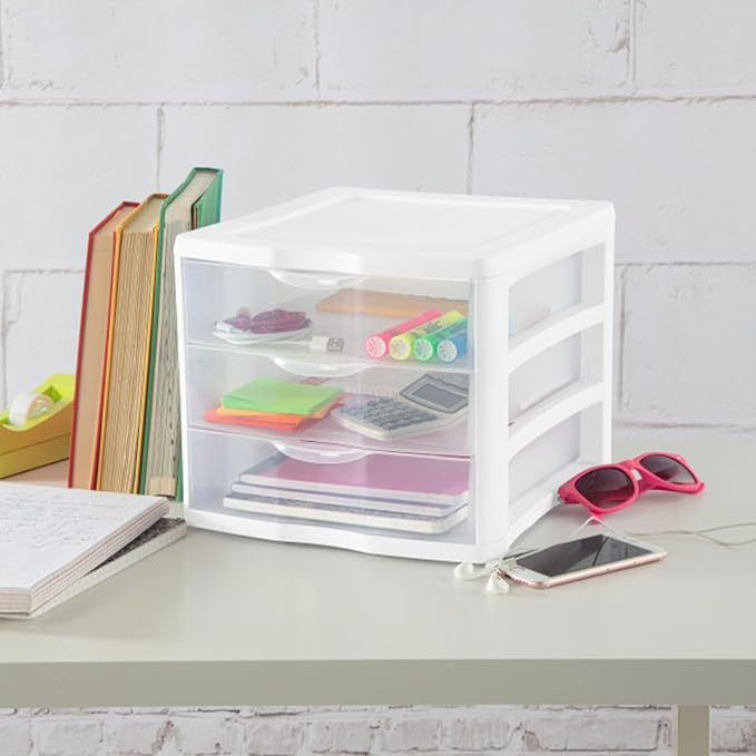 Sterilite 4-Pack 3 Drawer Unit, Stackable Plastic Organizer with Drawers, White Frame - Multi-Purpose Countertop Storage Containers for Office Supplies, Craft Rooms, Classrooms and Home Organization