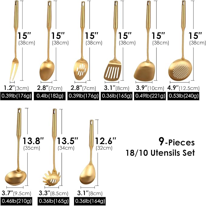 Gold Kitchen Utensils Set - 15" All Metal Cooking Tools Set of 9 | 18/10 Stainless Steel Cooking Utensils - Fork, Solid/Slotted Spoon, Spatula, Ladle, Skimmer, Turner, Pasta Spoon, Large Spoon
