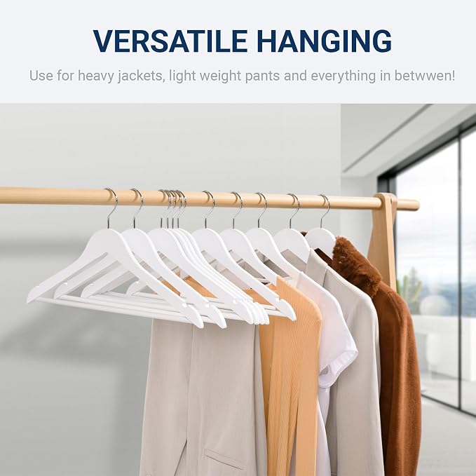 Amber Home 20 Pack White Wooden Coat Hangers, White Wood Suit Hangers with Non-Slip Pant Bar, Clothes Hangers for Closet Organization, Shirts, Jackets, Dresses, and Pants (White, 20)