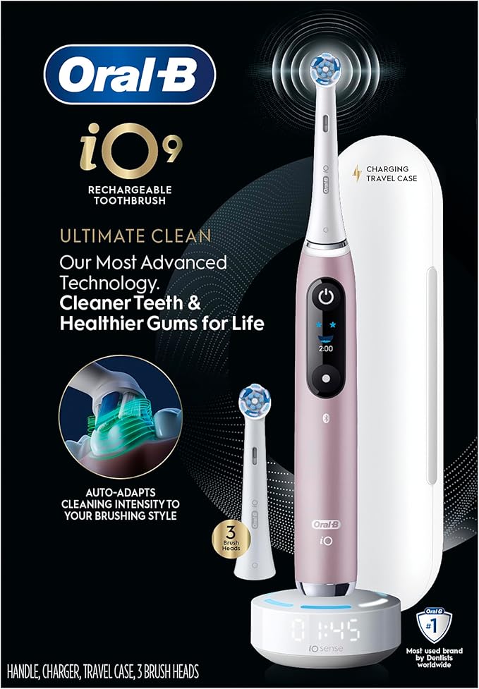 Oral-B Rechargeable Electric Toothbrush, iO9 Limited Ultimate Clean, 7 Cleaning Modes, Interactive Display, iSense Charger, Charging Travel Case, Visible Pressure Sensor, 3 Brush Heads, Rose Quartz