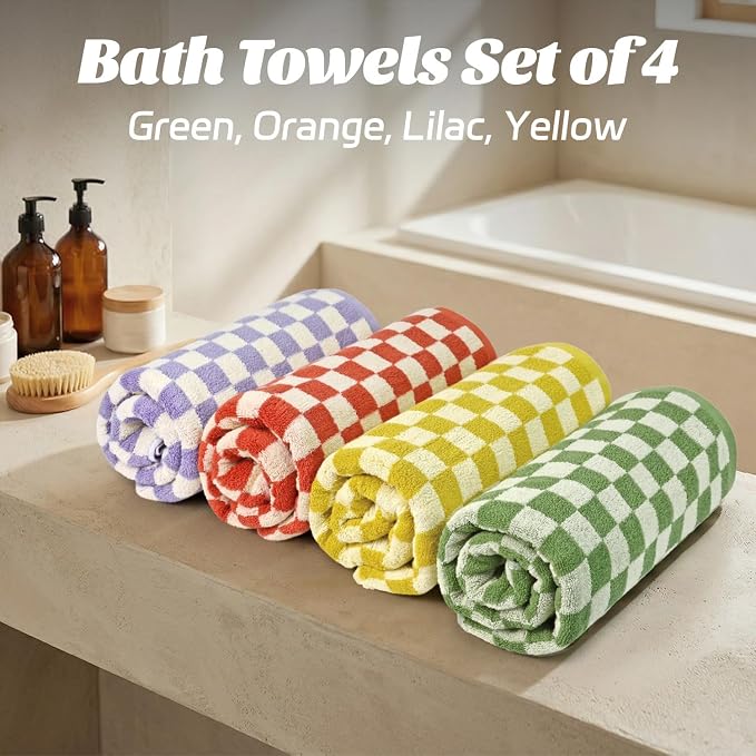 Checkered Bath Towels Set of 4 - Cotton Towels for Bathroom, Beach, Pool | Shower Towels (Purple, Yellow, Green, Orange), 520GSM