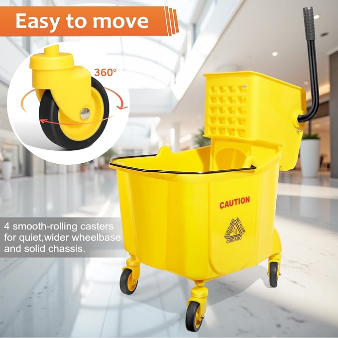 38 Qt Commercial Bucket with Side Press Wringer on Wheels, Yellow Industrial Set for Floor Cleaning, Including 1 Industrial Mop and Wet Floor Caution Sign, Beyoco