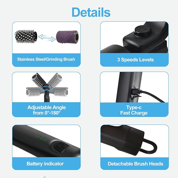 Electric Grill Brush, High Torque Grill Brush with Rechargeable 3-Speed Modes, 180° Adjustable Stainless Steel Replaceable Brush Head, Fit for Outdoor Camping and Barbecuing