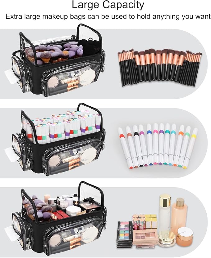 TANTO Makeup Brush Case, Clear Extra Large Cosmetic Organizer Holder Professional Makeup Artist Train Case with Adjustable Dividers&Strap Portable Makeup Brush Holder (02A-Black（XX Large）)