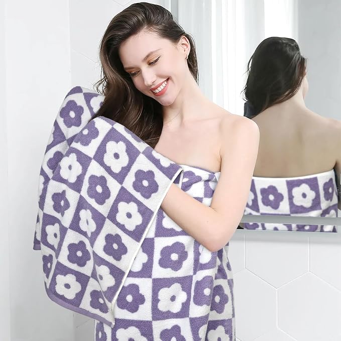 2-Pieces Luxury Bath Towels Checkered Floral, Purple Towels for Women Girls | Shower Body 27.5x55 Inches, Cute Bathroom Decor, Cotton