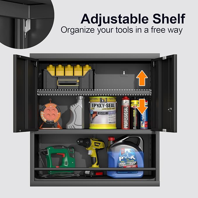 GREATMEET 31" H Metal Garage Storage Cabinets with Doors and Shelves, Lockable Storage Cabinet with Lock, Black Hanging Cabinets for Wall, Wall Mount Cabinet for Utility Room