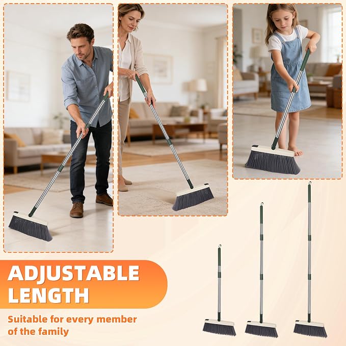Broom with Dustpan Combo Set, Heavy Duty Standing Metal Dust Pan with Teeth, Indoor Outdoor Up for Home Kitchen Lobby Room Office, Green