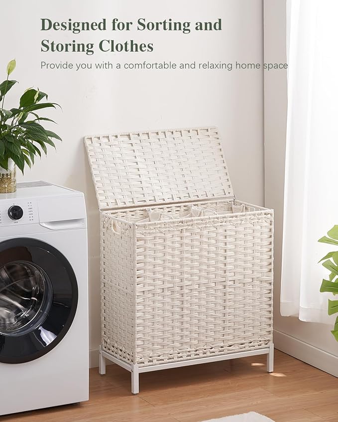 SETVSON Laundry Hamper with Lid, Large 132L Rattan Basket, White | 3-Section Large 35 Gal Clothes Hamper, 3 Removable Bags, Heightened Metal Feet, 6 Mesh Laundry Bags, Steel Frame