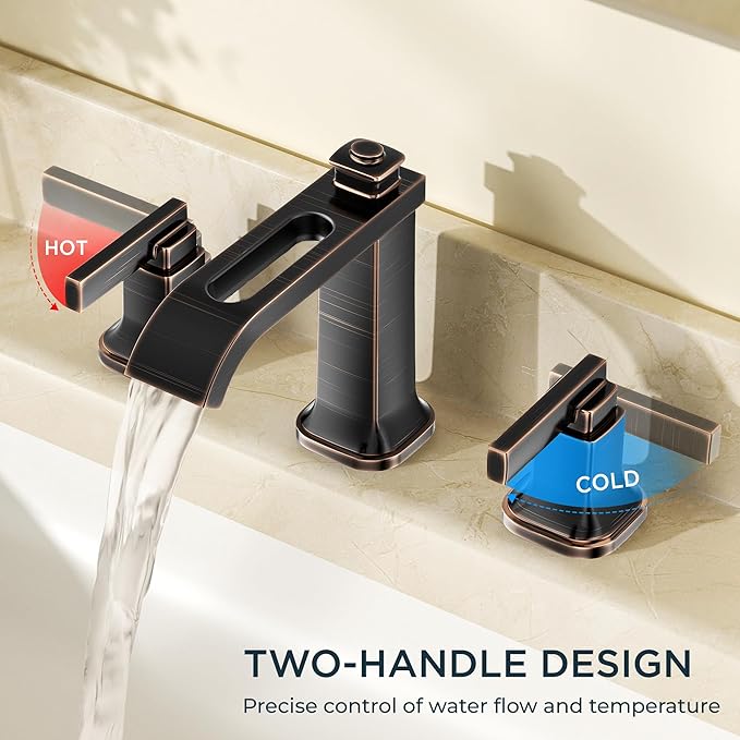 FORIOUS 3 Hole Oil Rubbed Bronze Bathroom Faucet,8 Inch Widespread Bathroom Vanity Faucets with Metal Pop Up Drain, Unique Waterfall Design