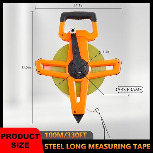 1 Pcs 328ft/100m Open Reel Steel Long Tape Measure, Heavy Duty 1/2" Nylon-Coated Blade with Dual Inch & Metric Scale, Tape Measure for Construction, Surveying, Concrete Work, Orange