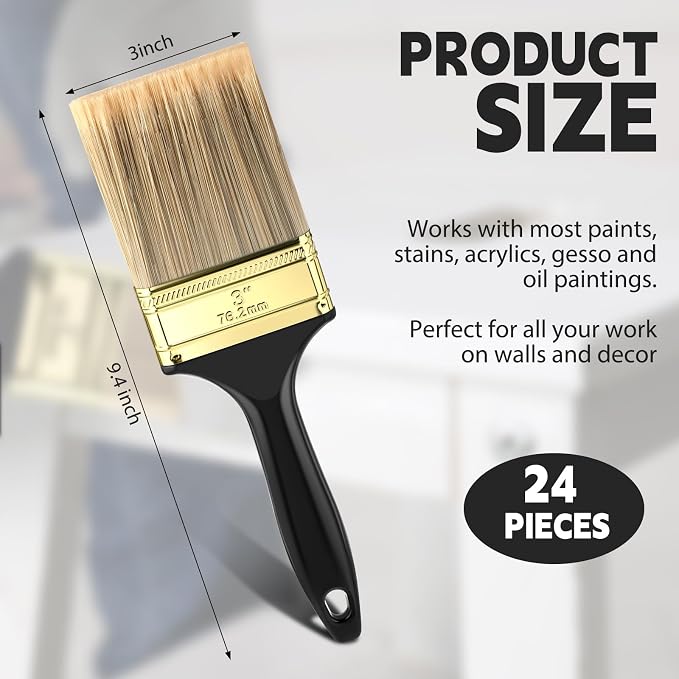 Teenyyou 24 Pcs 3 Inch Paint Brushes Flat Chip Paintbrushes Bulk with Treated Plastic Handles Professional Painting Tools for Paint Stains Deck Door Furniture Home Wall Trim DIY