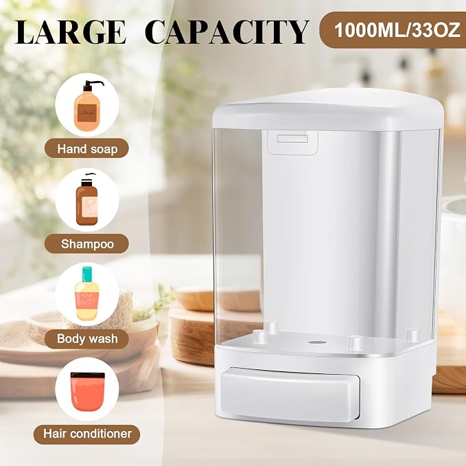 Hushee 6 Pcs Plastic Wall Mounted Soap Dispenser Commercial Manual Soap Dispenser Containers for Kitchen Shower Hotel(White,33.8 oz 1000ml)