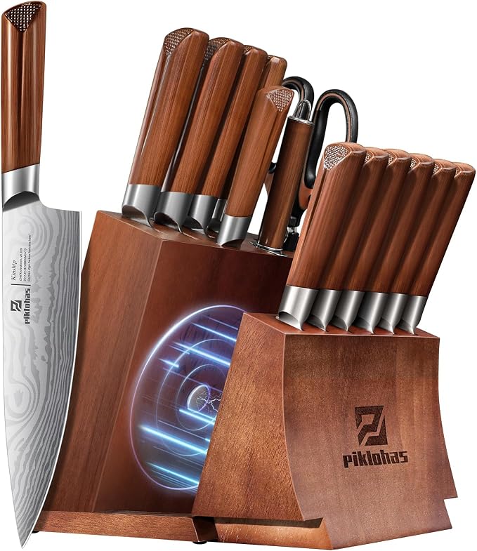 Kitchen Knife Sets With Block, Piklohas 15 Pieces Knife Sets With Magnetic Detachable Knife Holder, High Carbon Steel Damascus Pattern Chef Knife Set With Steak Knives, Ideal For House Warming Gift