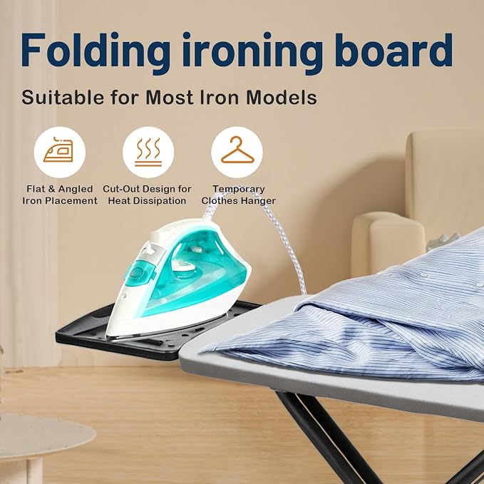 Ironing Board, Adjustable Height Iron Board with Iron Rest, Foldable Metal Iron Table, Heavy Duty Iron Stand with Heat Resistant Cover and Thick Padding, Full Size 44"x13", Grey