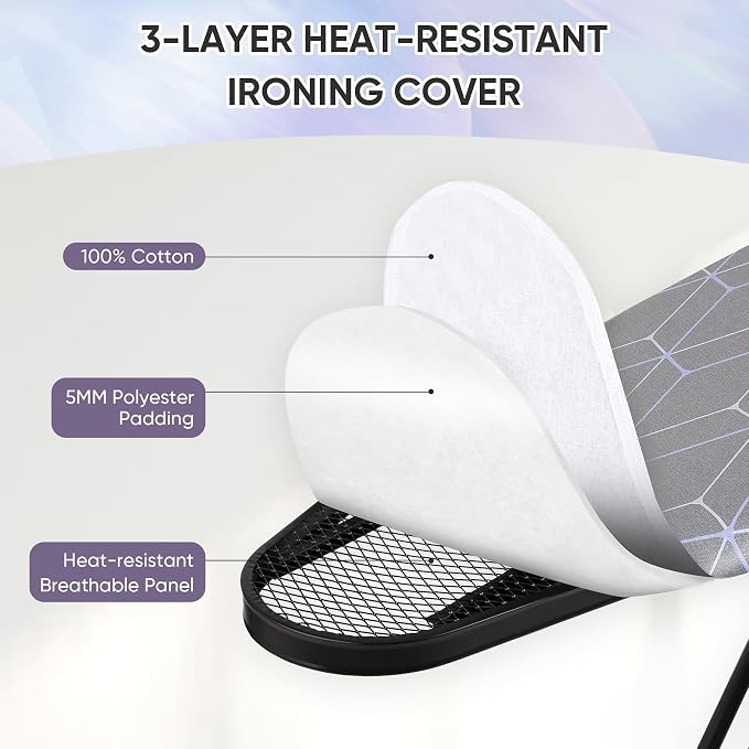 Ironing Board, Compact and Space Saver Ironing Board, Extra Wide Ironing Area with Extra Thick Heavy Duty Padded Cover, Stable Structure, Easy to Fold,Anti-Skid Feet