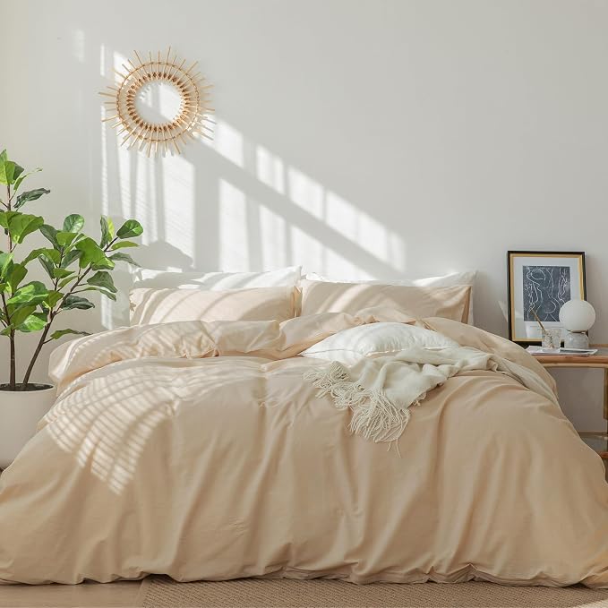 MooMee Bedding Duvet Cover Set 100% Washed Cotton Linen Like Textured Breathable Durable Soft Comfy (Solid Sandy Beige, Twin 68"x90")