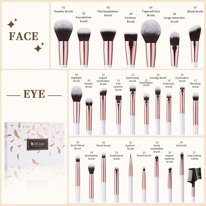 DUcare 27Pcs Makeup Brushes Professional Makeup Brush Set | Face and Eye Brush Set Ultra soft hair Foundation, Concealer, Blush, Contour, Blending, Eyeshadow Khaki Brush kit