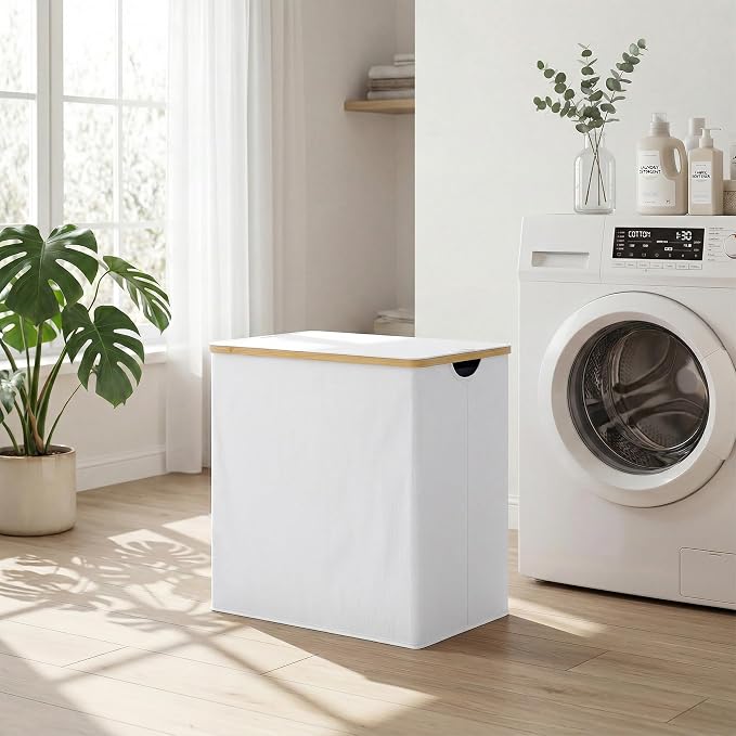 efluky Laundry Hamper with Lid, Double Laundry Basket with 2 Removable Bags, 2 Section Laundry Bin with Bamboo Handles for Bathroom, Bedroom & Laundry Room, 140L (36.9 Gallon) White