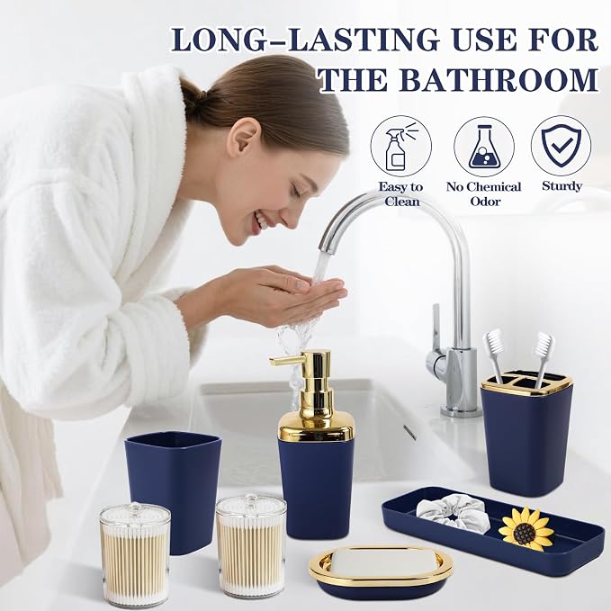XLHOMO Navy Blue Bathroom Accessories, 24 Pieces Blue and Gold Bathroom Accessories Set with Shower Curtain, Bath Towels, Trash Can, Soap Dispenser and Soap Dish for Bathroom/Housewarming