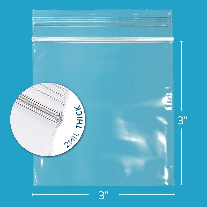 GPI - 1000 Count, 3" x 3" Clear Plastic Square Zip Bags, 2 Mil Thick, Strong & Durable Poly Baggies with Resealable Zip Top Lock for Travel, Storage, Packaging & Shipping