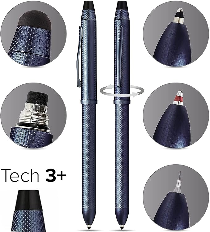 Cross Tech3+ with Sophisticated Brushed diamond pattern finish Barrel & interchangeable cap tops, Multi-function Pen - 0.5 MM Lead Pencil, Black & Red Ink Refills in One Pen. (Blue)