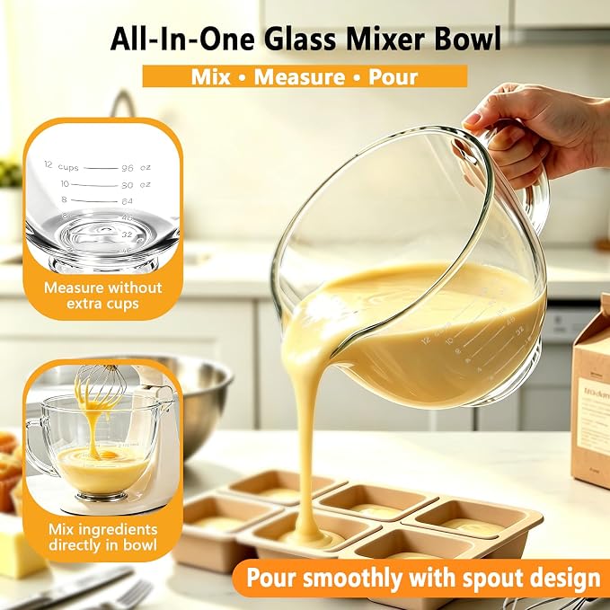5QT Glass Mixing Bowl for KitchenAid 4.5-5 Quart Tilt-Head Stand Mixers | Double-Layer Thickened Mixing Bowl Replacement for Kitchen aid with Measurement Markings Pour Spout & Handle, Dishwasher Safe