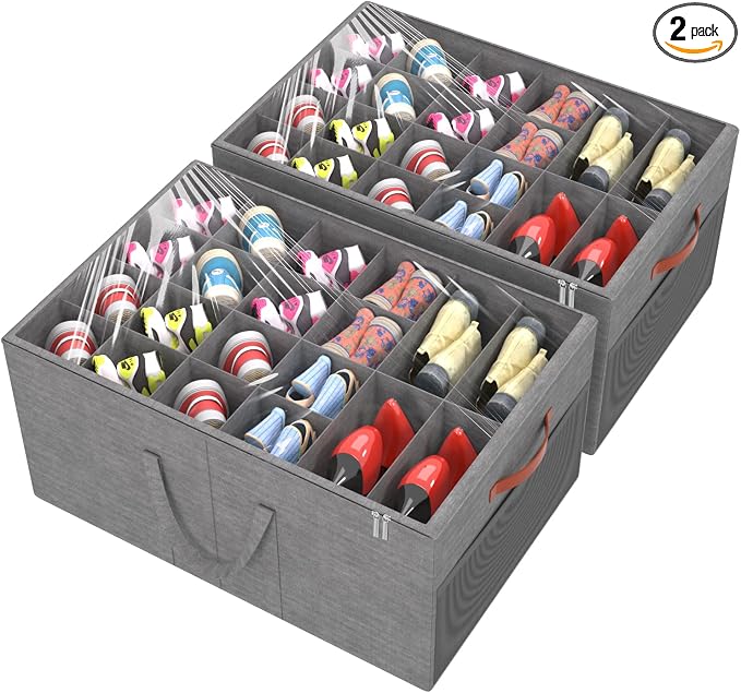Aokeyee 2 Pack Shoe Organizer for Closet, Large Shoe Storage Box, Grey | Fits up to 48 Pairs, Stackable, Space Saving, Foldable, Shoes Organizer Bin with Clear Cover, 4 Reinforced Handles