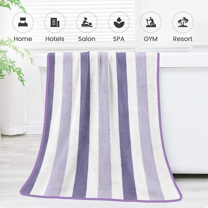JML Microfiber Bath Towels, 2 Pack, 30" x 60", Cabana Stripe Purple | Hanging Loop, Lint Free, Oversized, Soft, Super Absorbent,Fast Drying, Perfect for Shower, Sauna, Gym, Sports, Fitness, Yoga