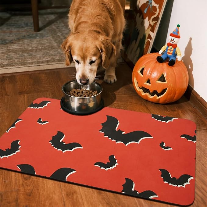 TYUU Halloween Bath Mat, Thin Halloween Bathroom Rug Non Slip Quick Dry Bat Bath Mat Fits Under Door Thin Floor Mat Halloween Decor, 17''x30'', Gothic Bats Orange