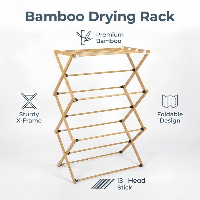 FJO Foldable Bamboo Clothes Drying Rack, 3-Tier Collapsible Laundry Clothes Hanger, Portable Wooden Drying Rack, Space Saving Indoor Outdoor, 28'' D x 15'' W x 39.3'' H, Beige