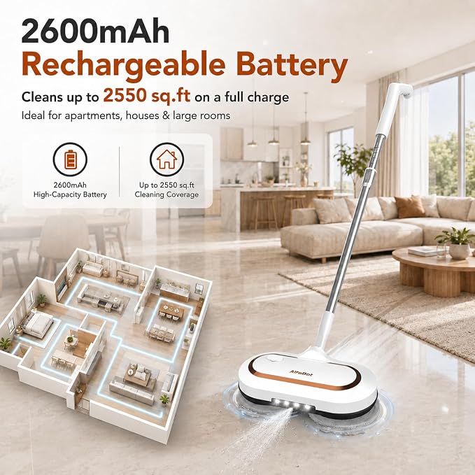 AlfaBot Cordless Electric Mop, Dual Spin Power Floor Cleaner with LED Headlight and Water Spray, 60-Min Runtime Self-Propelled Mop with Adjustable Tube for Hardwood, Tile, Marble and Vinyl Floors