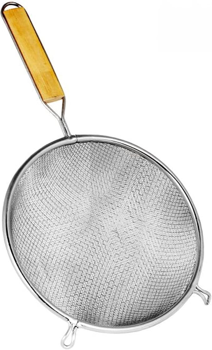 TrueCraftware- 6-Inch Double Medium Mesh Strainer Stainless Steel with 6-1/2" Handle Length Wooden Handle- Kitchen Utensil Food Strainer Skimmer Spoon for Cooking Sieve Sifters Pasta Fruits Vegetable
