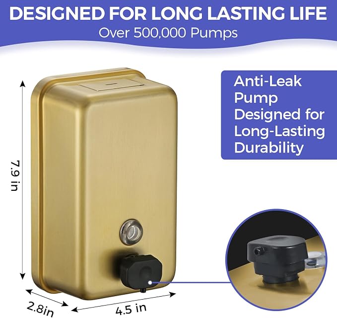 Stardrix Brushed Gold Stainless Steel Vertical 1100ml/37oz Capacity Commercial-Grade Soap Dispenser, Wall-Mounted Bathroom Hand Soap Dispenser with Corrosion-Proof Lining and Anti-Leak Pump