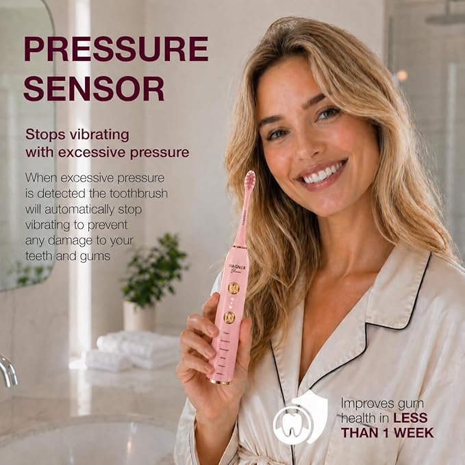 Wagner Stern WHITEN+ Electric Toothbrush, 48,000 VPM, Pressure Sensor, 5 Modes, 8 Brush Heads, Travel Case
